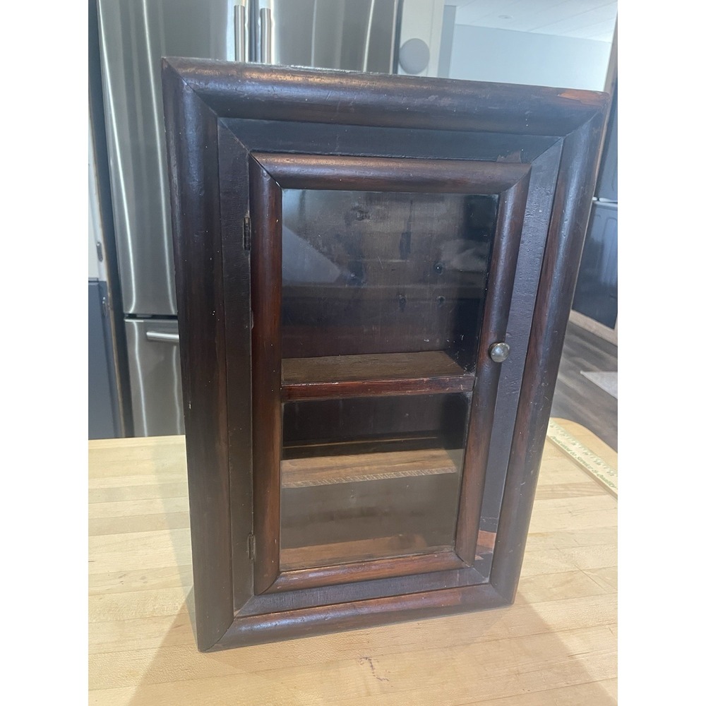 Rustic Wood Glass Medicine Wall Cabinet Display Apothecary Copper Hinges C 1900s